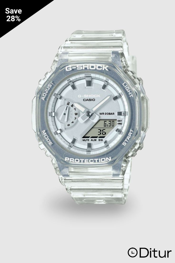 Casio G-Shock GMA-S2100SK-7AER    Dette unikke Casio G-shock ur bliver leveret i et specielt og unikt design. Uret kommer i en hvid urkasse, og har en højkvalitets gummirem. Alt i alt får du et robust, unikt dameur som er lavet i lette materialer, med diverse fede funktioner og 20 ATM vandholdbarhed. Uret måler 43 mm i diameter og 12 mm i tykkelsen.                                     -5 daglige alarmer -Lyden når man benytter knapperne på uret kan slås fra. Indstillet alarmer og nedtællinger påvirkes ikke af dette -Urets batteri kan holde i ca 3 år ved normalt brug -En LED diode lyser urets skive op -Automatisk kalender der viser dato, dag og måned. Når den er indstillet, vil den altid vise den korrekte dato -Uret kan vise tiden i enten 12-timers eller 24-timers format -Præcis måling a Casio Digital, Casio G Shock Watches, White Watch, G Shock Watches, Unisex Watches, Casio G Shock, Sports Watch, Clear Resin, Diode