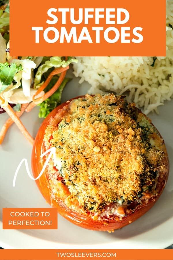 stuffed tomatoes on a white plate with rice and salad in the background text reads, stuffed tomatoes cooked to perfection