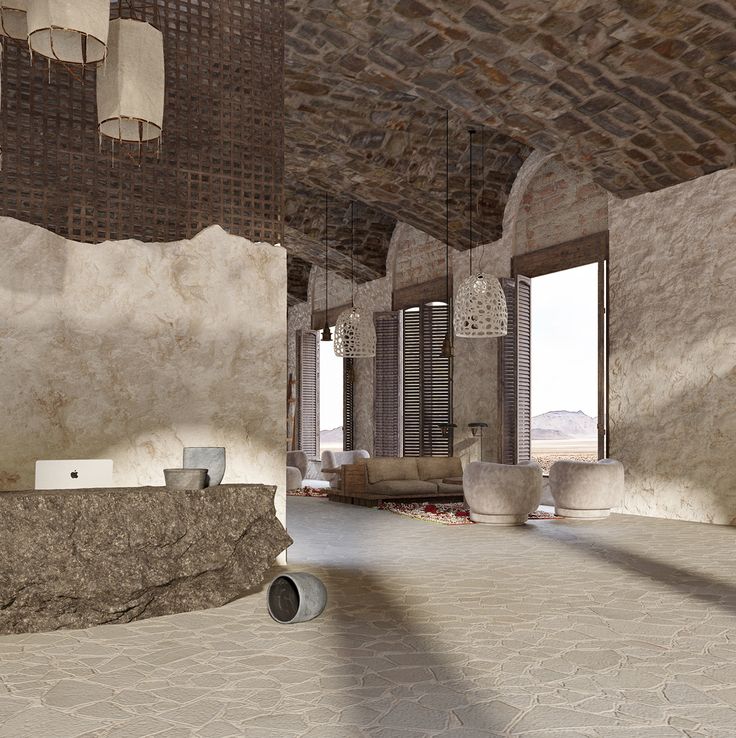 an artistic rendering of a living room with stone walls and flooring, large open windows to the outside