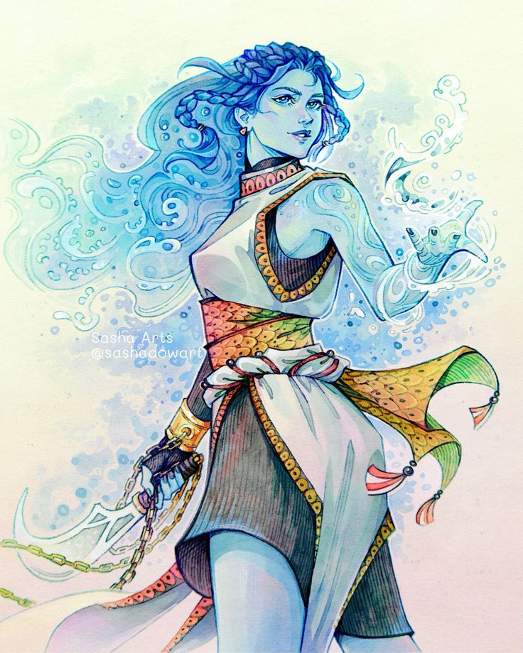 a drawing of a woman with blue hair wearing a white dress and holding a fan