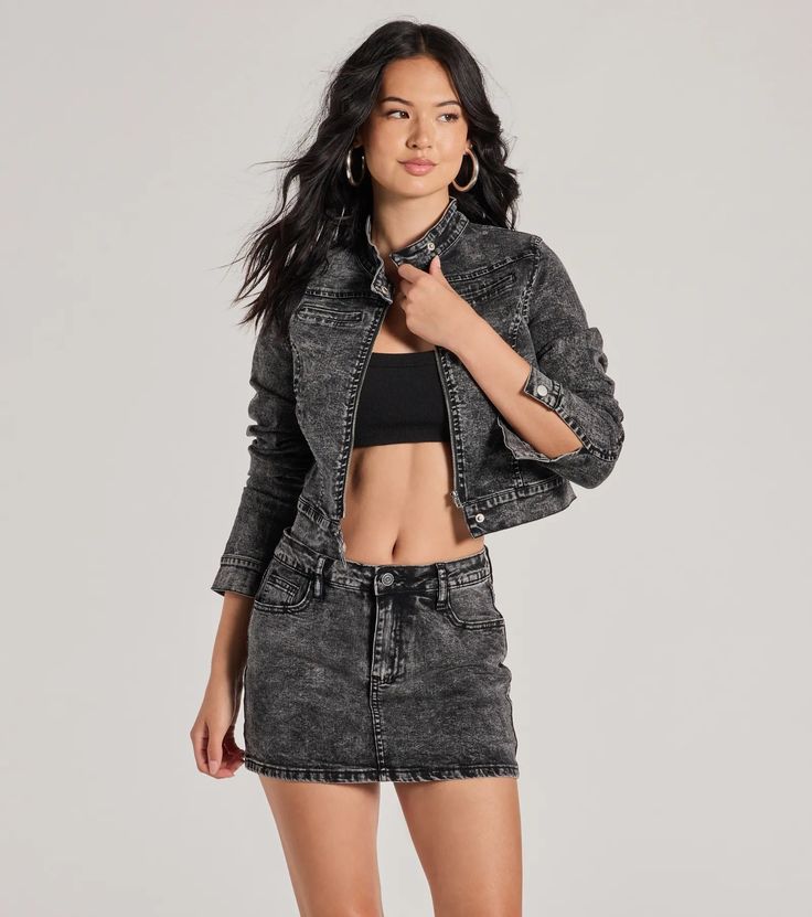 Get ready to turn some heads with your edgy arrival in this moto denim jacket! Featuring long sleeves with button cuffs and a standing collar neckline with button closure, this jacket adds an extra edge to any outfit. The front zipper closure and cropped hem with button strap add a unique style. Complete the look in booties.Fit & FeaturesAcid-wash denim fabricLong sleeves with button cuffsStanding collar neckline with button closureFront zipper closureCropped lengthRuns true to size Fitted Washed Black Denim Jacket, Trendy Washed Black Long Sleeve Denim Jacket, Fitted Washed Black Long Sleeve Denim Jacket, Fitted Long Sleeve Washed Black Denim Jacket, Trendy Washed Black Denim Jacket, Edgy Denim Jacket With Button Closure, Edgy Denim Jacket With Button Closure For Spring, Edgy Fitted Denim Jacket For Fall, Edgy Long Sleeve Denim Jacket For Spring