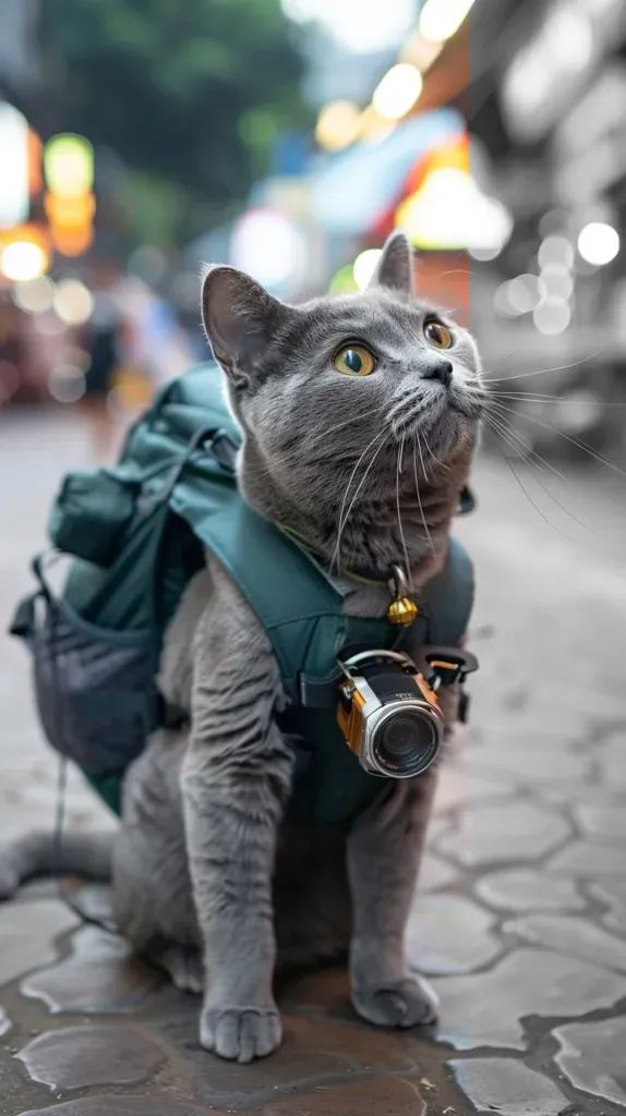 Full Color Image in ai-img-gen.com 🔸 A chubby cute gray British Shorthair cat, wearing a travel backpack, in the morning at Khao San Road... 🔸 From Midjourney AI Image Cat Wearing Backpack, Gray British Shorthair, Cobblestone Street, Khao San Road, Green Backpack, Green Backpacks, Cat Reference, Shorthair Cat, British Shorthair Cats