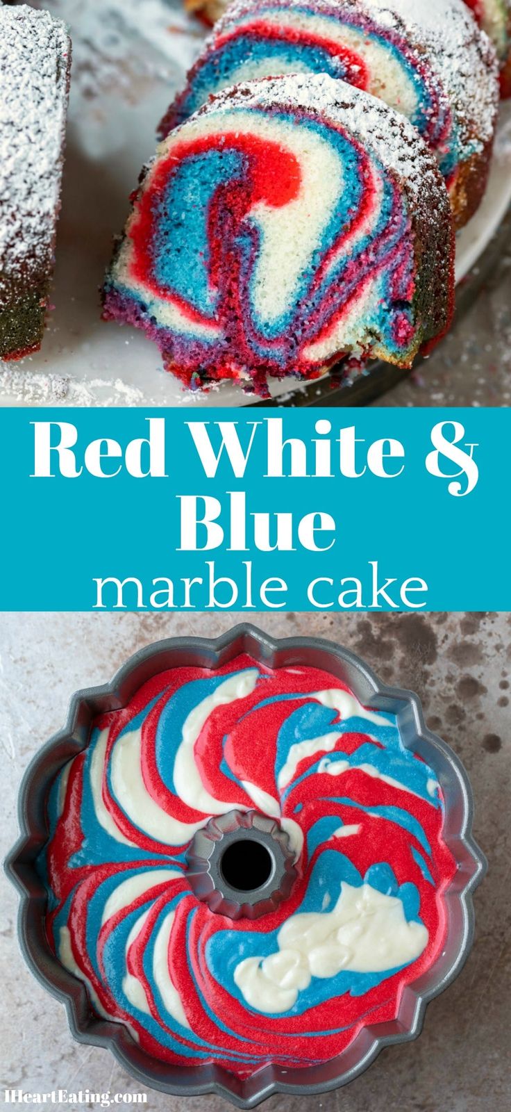 red, white and blue marble cake on a plate