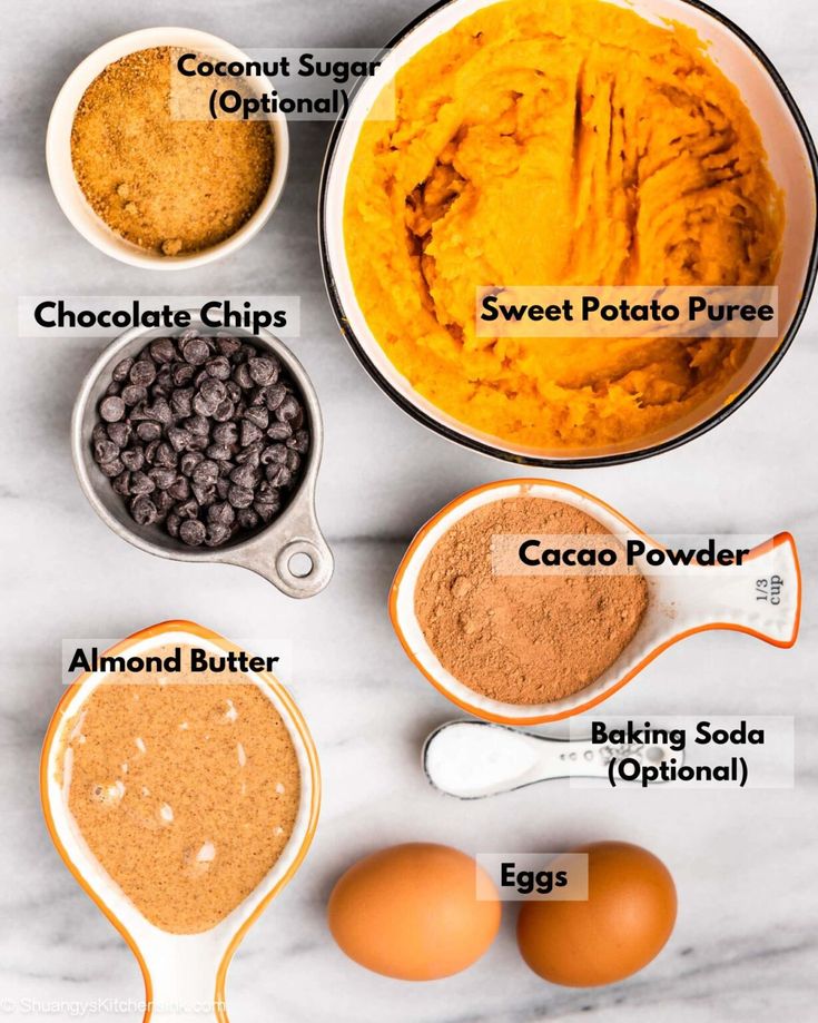 ingredients to make sweet potato casserole on a white marble counter top with text overlay