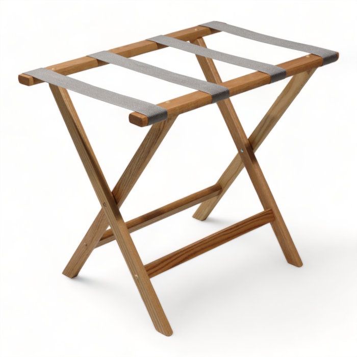 a small wooden folding table with grey strips on the top and bottom section, standing upright