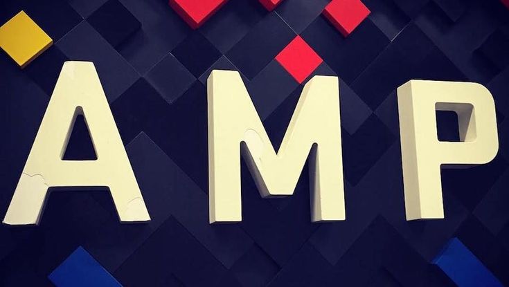 the word amp spelled out in white letters on a black background with red, yellow and blue squares