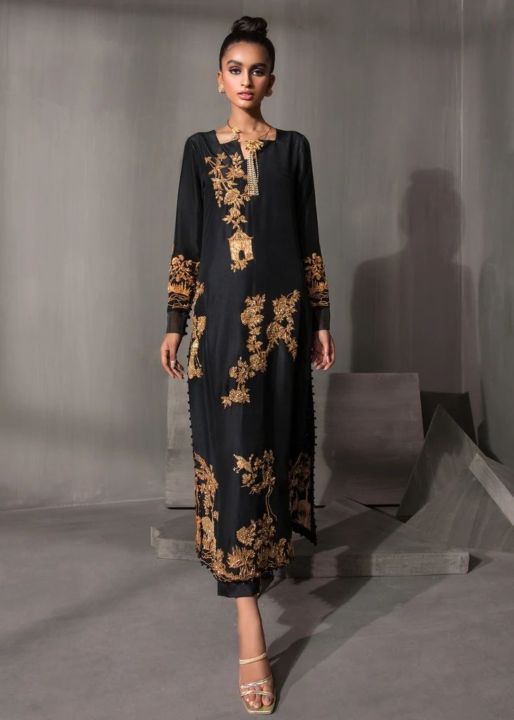 Foncé – Saira Shakira Silk Palazzo Set With Gold Embroidery For Eid, Designer Silk Palazzo Set With Gold Embroidery, Black Embellished Palazzo Set For Eid, Silk Pant Set With Straight Kurta And Floral Embroidery, Silk Pant Set With Floral Embroidery And Straight Kurta, Silk Pant Set With Floral Embroidery, Evening Embellished Black Palazzo Set, Evening Black Embellished Palazzo Set, Black Embellished Palazzo Set For Evening