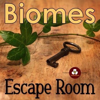 a book cover with a key and some leaves on the table next to it that says, biomes escape room