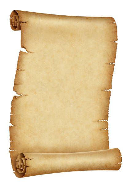 an old parchment paper scroll with waxed edges and some writing on the end, set against a white background