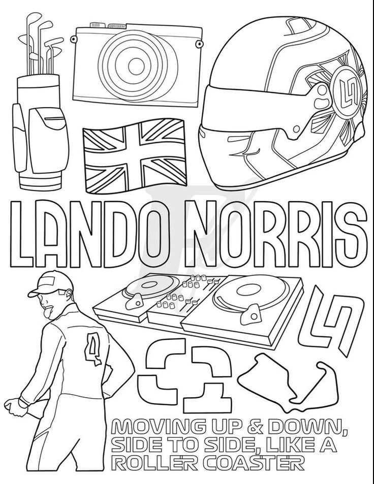 a coloring page with the words lando norris moving up and down side to side like a roller coaster