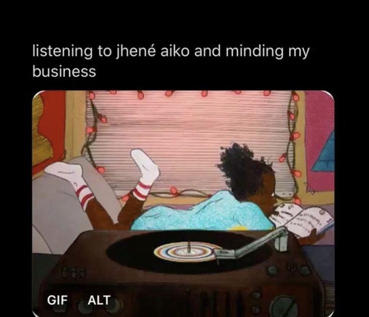 a person laying in bed next to a record player with the words listening to line alko and minding my business