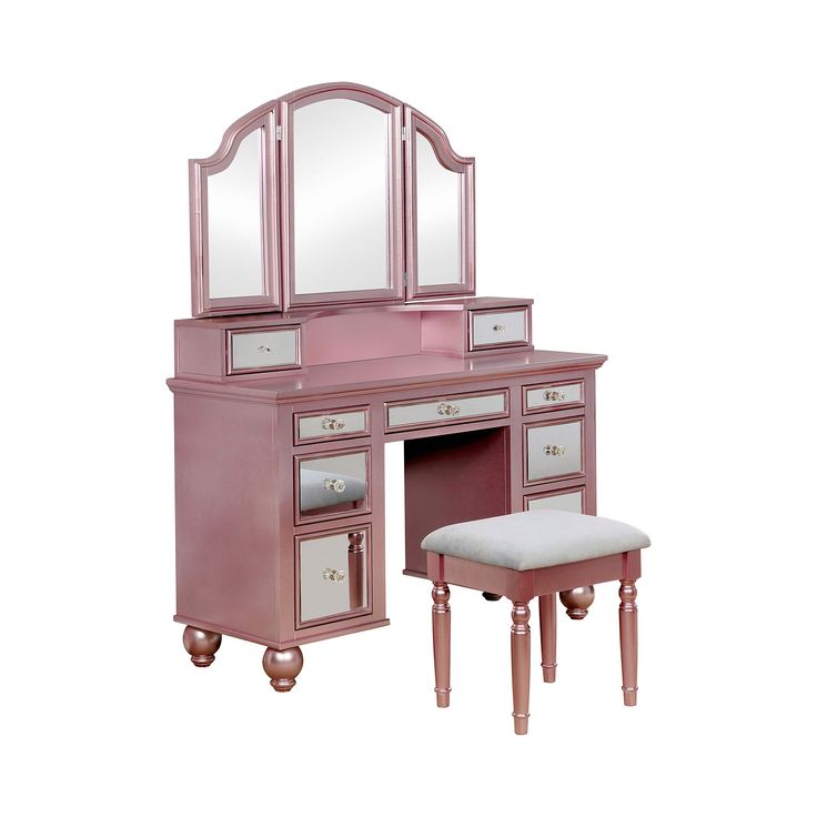 pink vanity with mirror and stool on white background