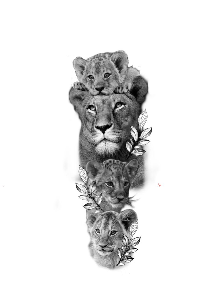 the lion family is depicted in this black and white photo with leaves on it's back