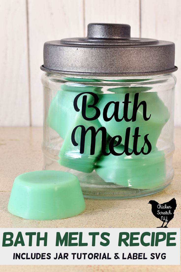 a jar filled with bath melts sitting on top of a table