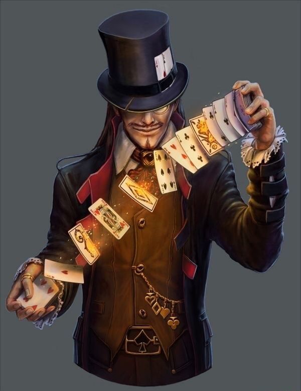 a man wearing a top hat holding playing cards in one hand and throwing them into the other