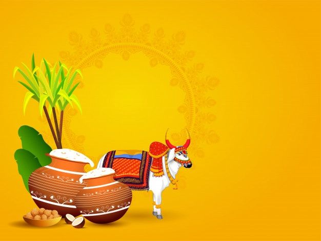 a cow standing next to a pot and plant on a yellow background with an ornament