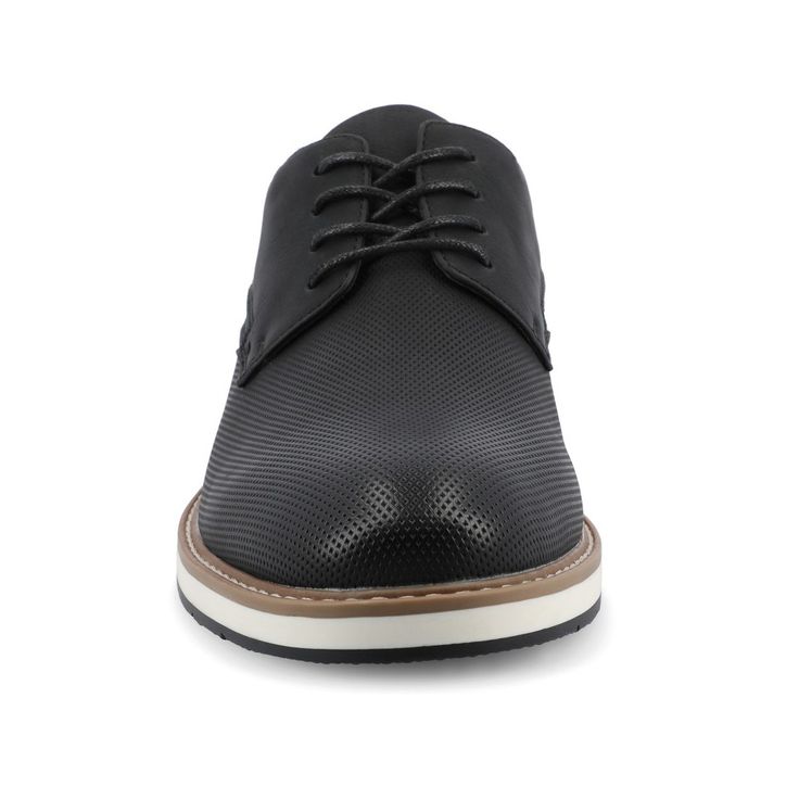 Meet the Leon dress shoe from Vance Co., a refined and comfortable choice featuring a 1-inch block heel, lace-up closure, and round toe design. Crafted with faux leather, fabric lining, and a 12 mm Tru Comfort Foam™ footbed, it provides both style and cushioned support for various occasions. The rubber outer sole ensures reliable traction, making the Leon a sophisticated and practical addition to your footwear collection. Black Oxford Lace-up Spring Shoes, Black Lace-up Shoes For Business In Spring, Elegant Synthetic Lace-up Oxfords, Spring Low-top Oxford Dress Shoes, Black Synthetic Oxfords With Textured Sole, Black Plain Toe Dress Shoes For Spring, Lace-up Dress Shoes With Rubber Sole, Oxford Lace-up Shoes For Business Casual In Spring, Spring Oxford Lace-up Shoes For Business Casual