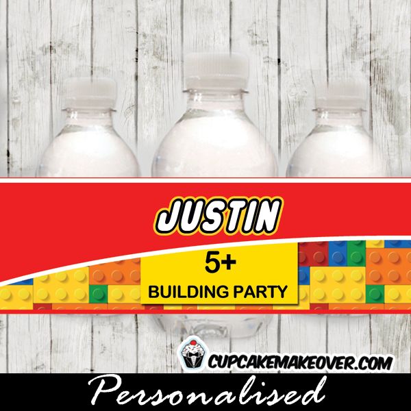 lego party personalized water bottle labels - set of 5 for birthdays or any celebration