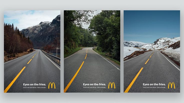 three different images of the same road with mountains in the background and trees on either side