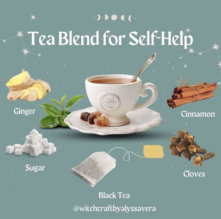 the tea blend for self - help includes cinnamon, ginger, sugar, cinnamon sticks and black tea