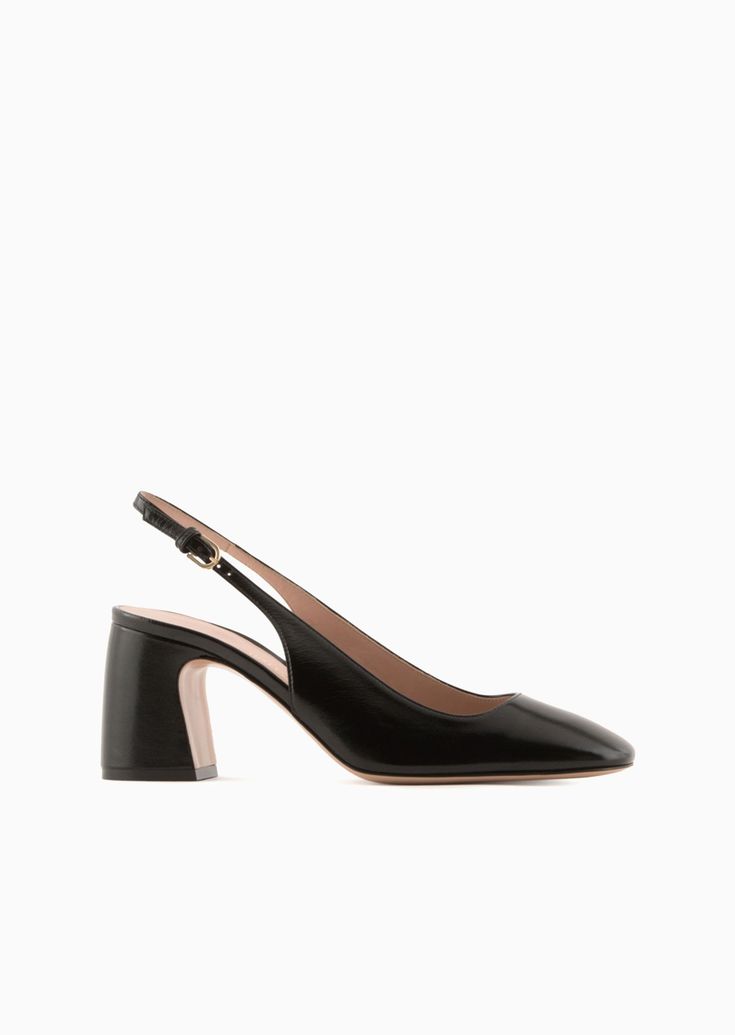 Patent leather slingback court shoes | EMPORIO ARMANI Woman Emporio Armani Women, Neutral Colours, Slingback Shoes, Comfortable Heels, Heels Pumps, Slingback Pump, Court Shoes, Simple Shapes, Black Pumps