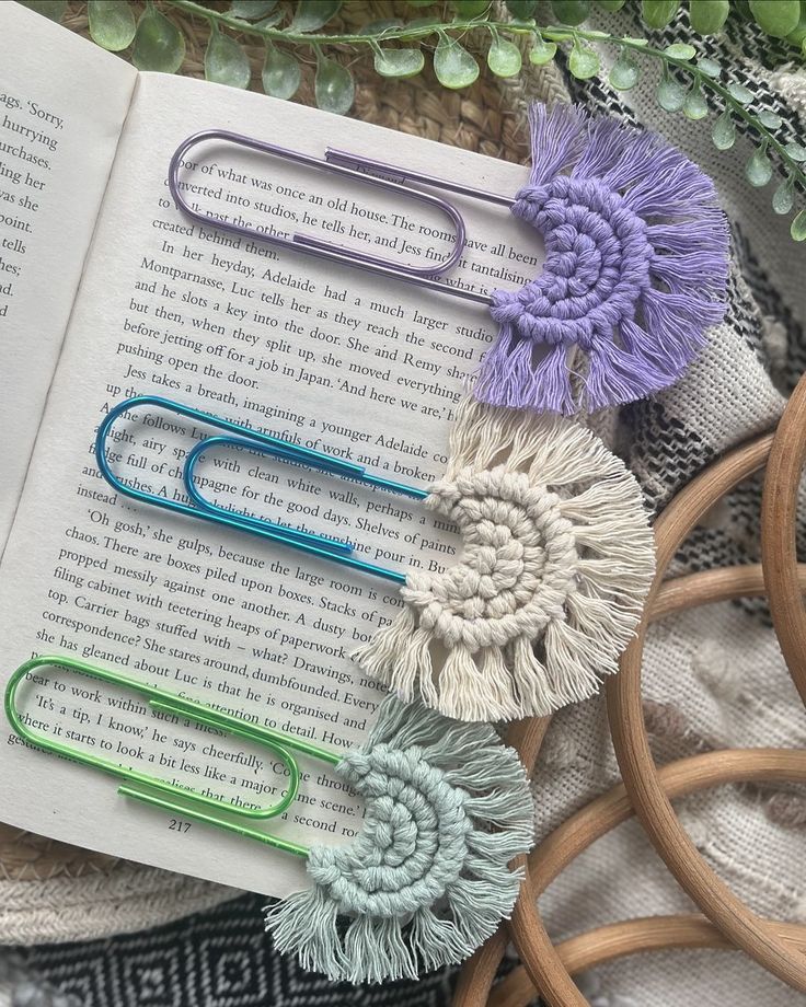 some paper clips are laying on top of an open book with yarn and scissors next to them