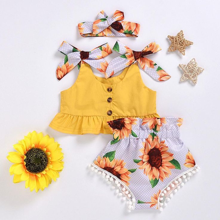 Baby Girls Yellow Bow Decor Sleeveless Top & Sunflower Shorts & Headband Baby Clothing Cheap Wholesale - PrettyKid Baby Blue Outfit, Sunflower Outfit, Sunflower Shorts, Yellow Bow, Slip Top, Bow Decor, Tank Top Straps, Headband Baby