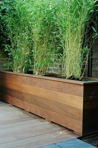 a wooden planter filled with lots of green plants