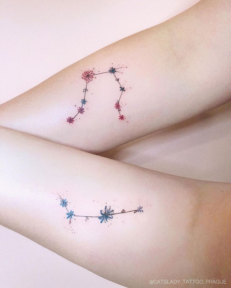 two tattoos on the legs of women with flowers and stars painted on their thighs,