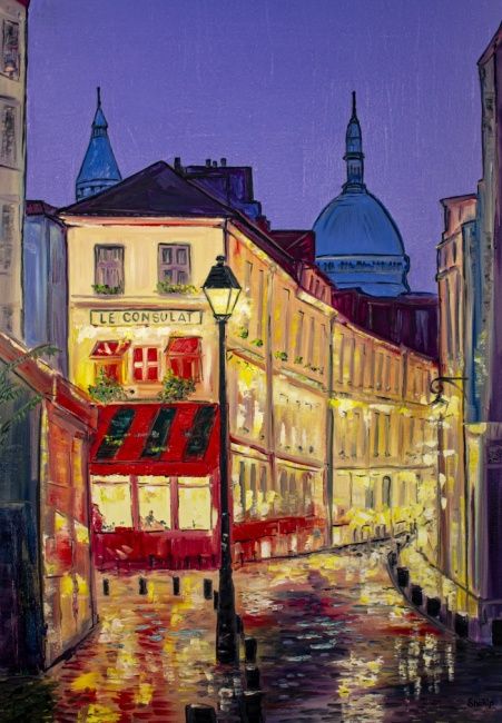 a painting of a city street at night with buildings lit up and people walking on the sidewalk