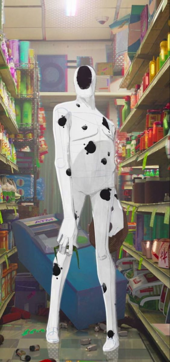 a white robot standing in front of a store shelf