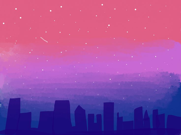 the sky is pink and blue with stars above it, as well as some buildings