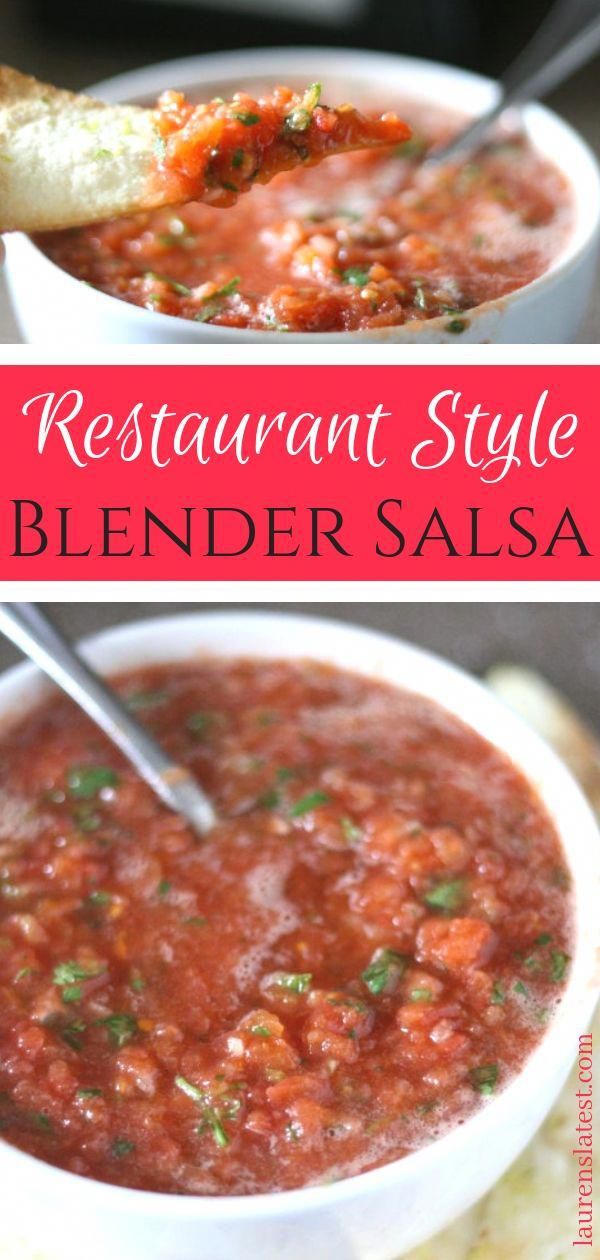 two bowls of soup with bread on the side and text overlay reads restaurant style blender salsa