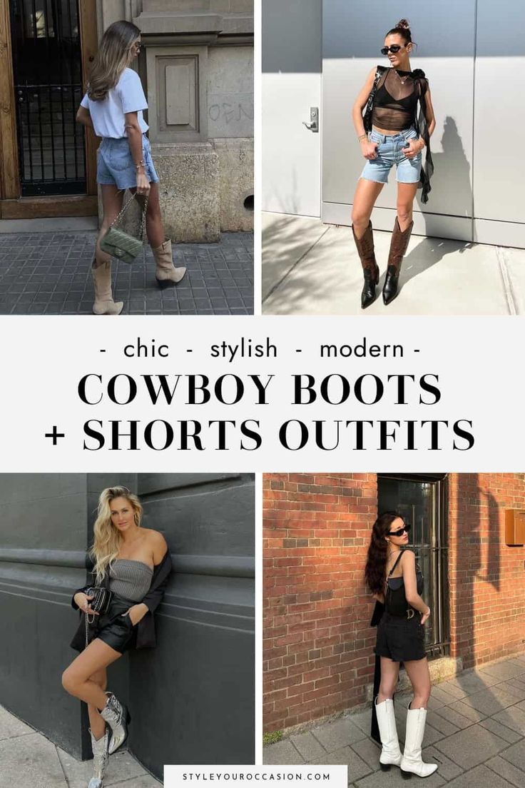 Leather Shorts Cowboy Boots Outfit, Leather Shorts With Cowboy Boots, Long Shorts And Cowboy Boots, Cowboy Boots With Shorts Outfit, Brown Cowgirl Boots Outfit Summer, Jean Shorts Cowboy Boots Outfit, Shorts With Cowboy Boots Outfits, Denim Shorts And Cowboy Boots Outfit, Cowboy Boots Outfit Shorts