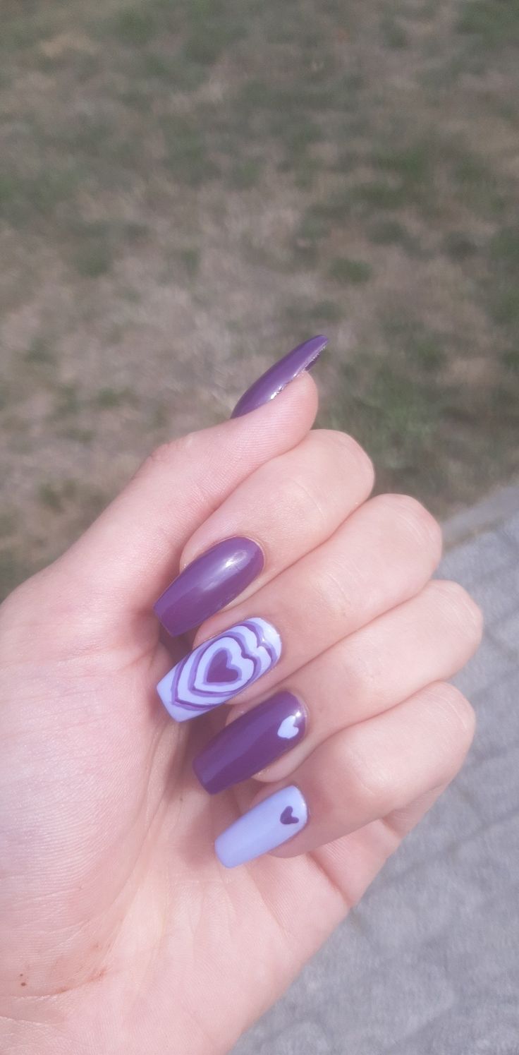 purple, nails, summer, inspo, hearts, long, aesthetic, trendy Purple Nails With Heart Design, Purple Nails Heart, Valentines Day Nails Purple, Purple Nails With Hearts, Purple Valentines Nails, Purple Valentines Day Nails, Purple Heart Nails, Purple Summer Nails, Nails With Hearts