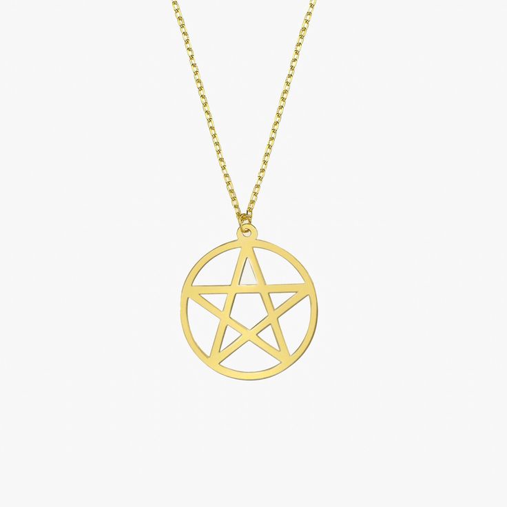 Pentagram Necklace | 14K Solid Gold - Mionza Jewelry-celestial jewelry, geometric necklace, goth necklace, gothic necklace, halloween gifts, halloween jewelry, halloween necklace, pentacle necklace, pentagram necklace, silver disc necklace, star necklace, wiccan jewelry, witch necklace Mystical 14k Gold Jewelry Gift, Mystical 14k Yellow Gold Jewelry, Mystical 14k Gold Jewelry, Symbolic 14k Gold Jewelry With Adjustable Chain, 14k Gold Symbolic Jewelry With Adjustable Chain, Symbolic 14k Rose Gold Necklace, Mystical Yellow Gold Jewelry For Gift, Symbolic Yellow Gold Charm Necklace With Adjustable Chain, Symbolic 14k Gold Charm Necklace With Adjustable Chain