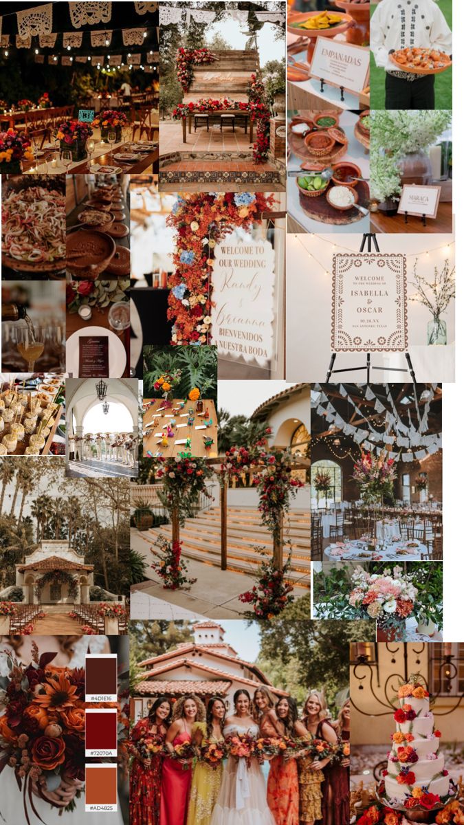 a collage of photos with different types of food and decorations on them, including cakes