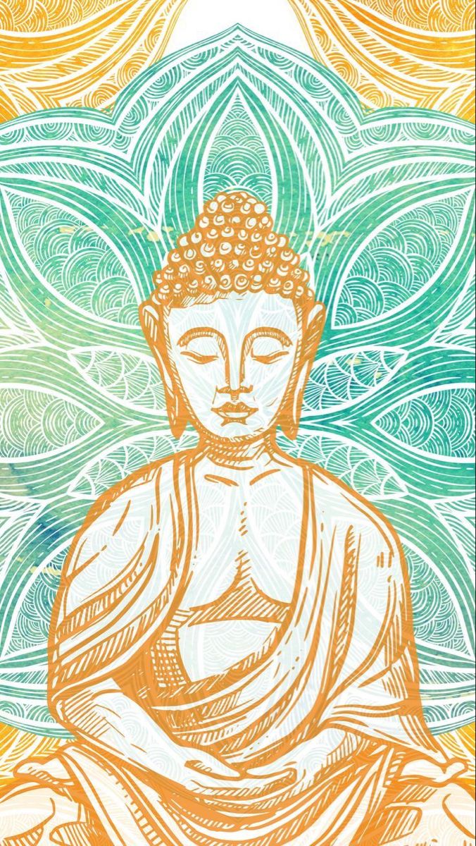 a buddha statue sitting on top of a blue and yellow background with swirls around it