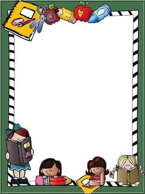 a frame with children reading books and pencils on the border, surrounded by school supplies