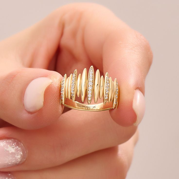 Alternating Pave Line Dome Ring Available in 14k, 18k, or 10k solid gold, this bold statement ring is a unique piece that's perfect for expressing your individuality. Its distinctive design, featuring alternating lines, adds a touch of edginess and sophistication to your look. This ring is ideal for wearing on your pointer finger or thumb, making it a versatile addition to your jewelry collection. Choose from a variety of gold options to suit your personal style. Ring Details ❥ Gold KT: 14k 18k Pointer Finger Ring, Gold Open Band Cubic Zirconia Diamond Ring, Gold Thumb Rings, Rose Gold Top, Delicate Gold Ring, Gold Finger Rings, Modern Gold Jewelry, Dainty Gold Rings, Finger Rings