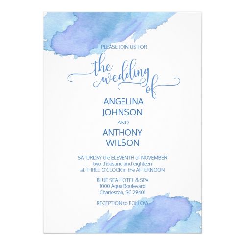 the blue watercolor wedding card is shown