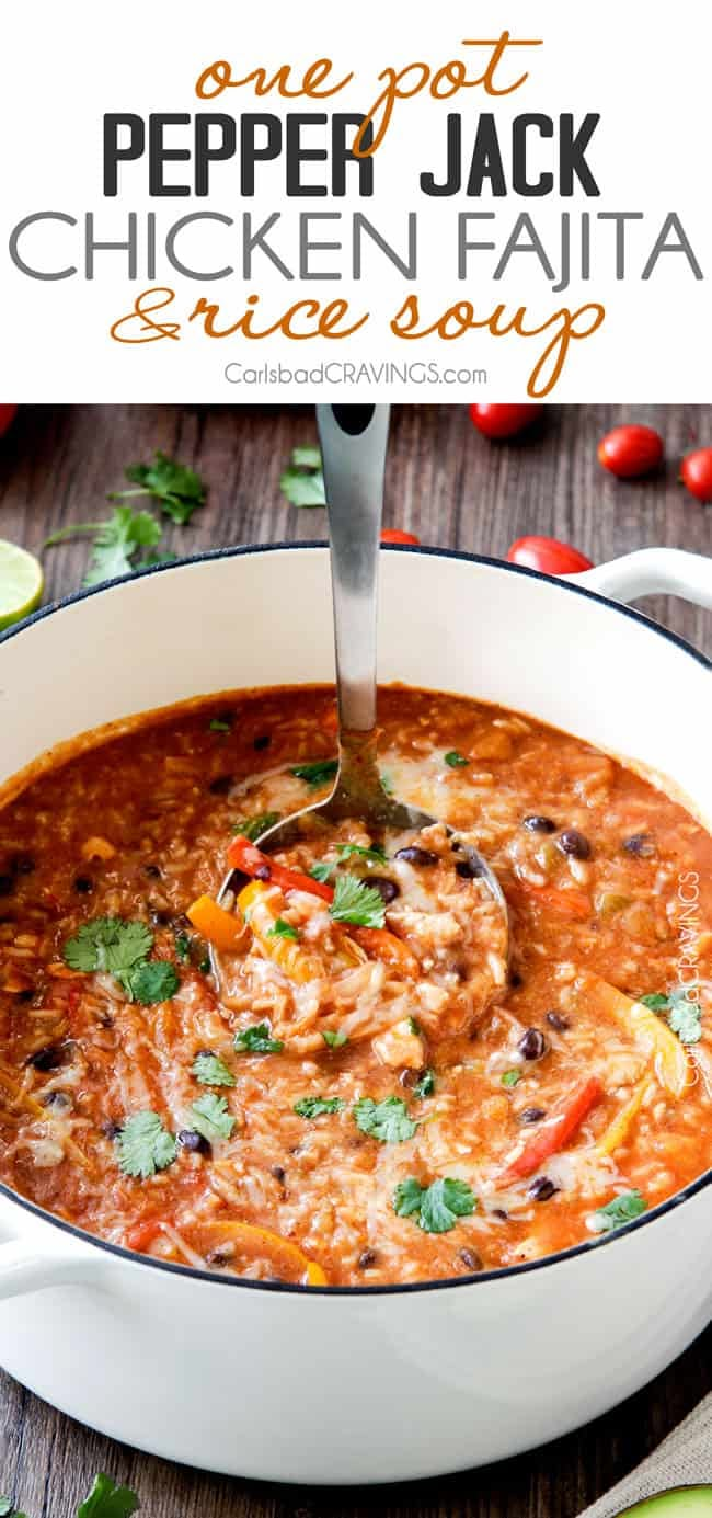 one pot pepper jack chicken fajita soup in a white bowl with a spoon