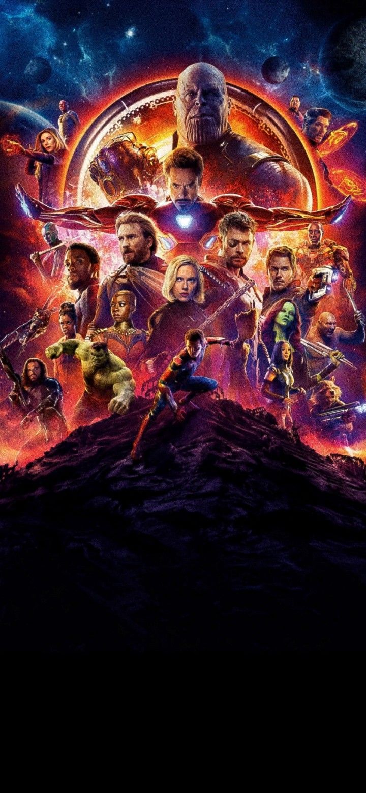 the avengers movie poster with many characters and their names on it, including thanos