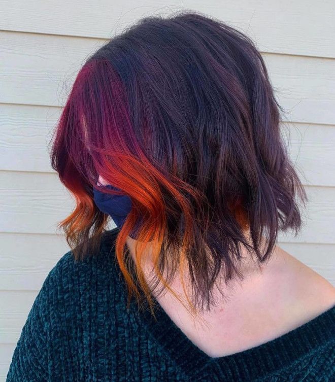 Fun Color Money Piece Hair, Edgy Money Piece Hair, Halloween Money Piece Hair, Money Piece Fashion Color, Under Hair Dye With Money Piece, Ombre Money Piece Hair, Color Melt Money Piece, Multicolor Money Piece Hair, Dark Hair Copper Money Piece