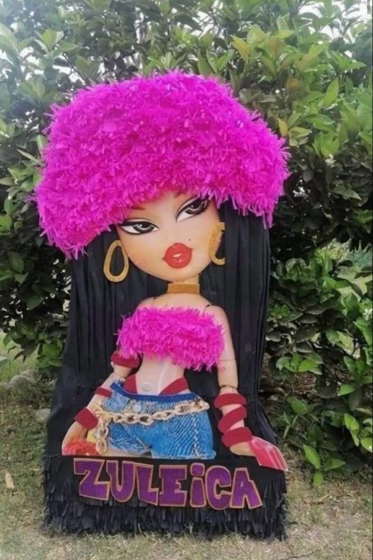 a sculpture of a woman with pink hair and fringes on it's head