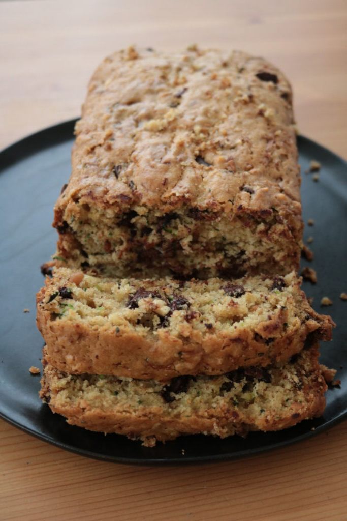 two slices of banana bread on a black plate