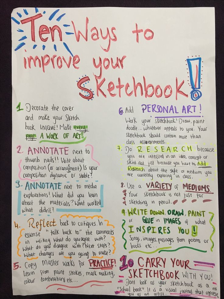 a poster with writing on it that says ten ways to improve your sketchbook