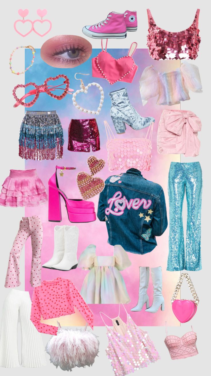 a collage of clothes, shoes and other items in pink and blue with hearts on them