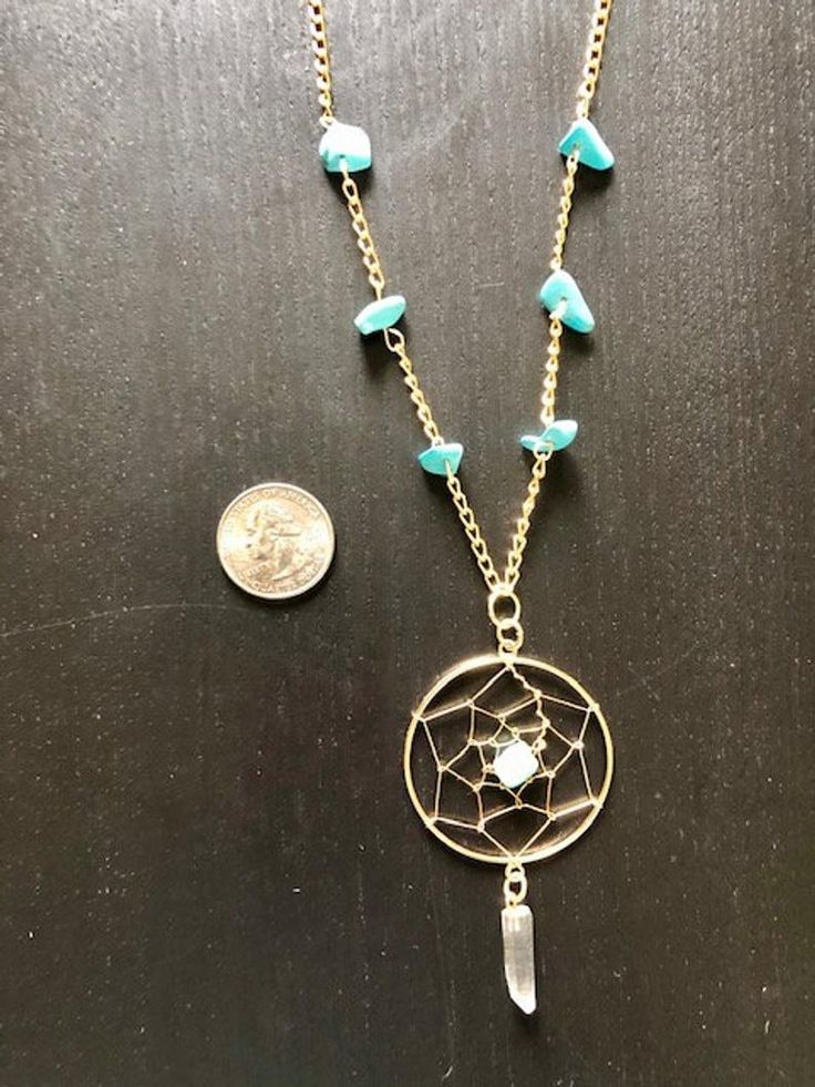 Turquoise Dreamcatcher Necklace | Etsy Bohemian Dangle Jewelry With Delicate Chain, Turquoise Metal Necklace With Round Pendant, Turquoise Necklace With Round Metal Pendant, Gold Turquoise Necklace With Lobster Clasp, Gift, Turquoise Dangle Nickel-free Necklace, Turquoise Dangle Necklace Nickel Free, Bohemian Dangle Necklaces With Delicate Chain, Turquoise Beaded Chain Jewelry For Festival, Bohemian Necklaces With Delicate Dangle Chain