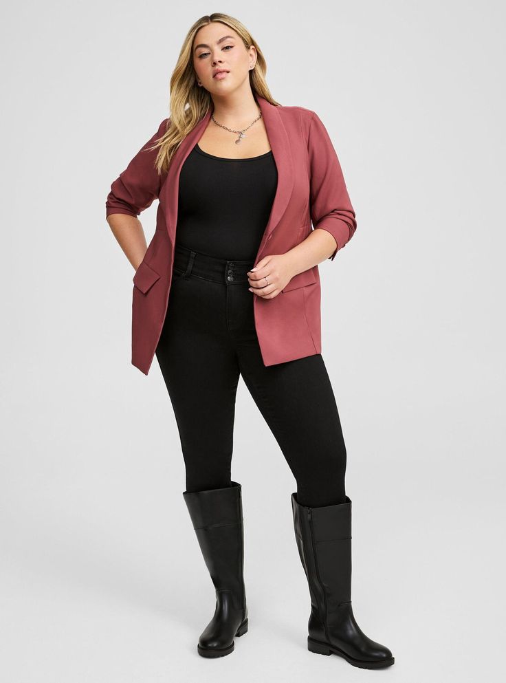 FIT Model is 5'9” wearing size 1. . Classic fit: Fitted up top, eased through the body. Designed with room to stretch your arms. Longline silhouette. Measures 32” from shoulder (size 2). MATERIALS + CARE Studio Refined Crepe woven fabric: Say hello to lightweight luxury—perfect stretch, wrinkle resistance and style that suits you just right. . Stretch Level: Medium. . Wrinkle resistant. . 98% polyester, 2% spandex. . Machine wash cold. Tumble dry low. . Imported. DETAILS Shawl collar. Two button closure. Flap pockets. Vented back. Fully lined. WHY WE LOVE IT It’s your most buttoned-up blazer! Expertly tailored with a slightly longer length. It’s fully lined so it has a structured, refined look. The best plus size women's soho studio refined crepe blazer blazers in wild ginger made of studi Business Casual Outfits For Women Summer Young Professional Curvy Woman, Plus Size Suits For Women Business, Plus Size Blazer Outfits, Plus Size Professional Outfits, Plus Size Business Casual, Plus Size Professional, Wild Ginger, Plus Size Blazer, Plus Size Suits